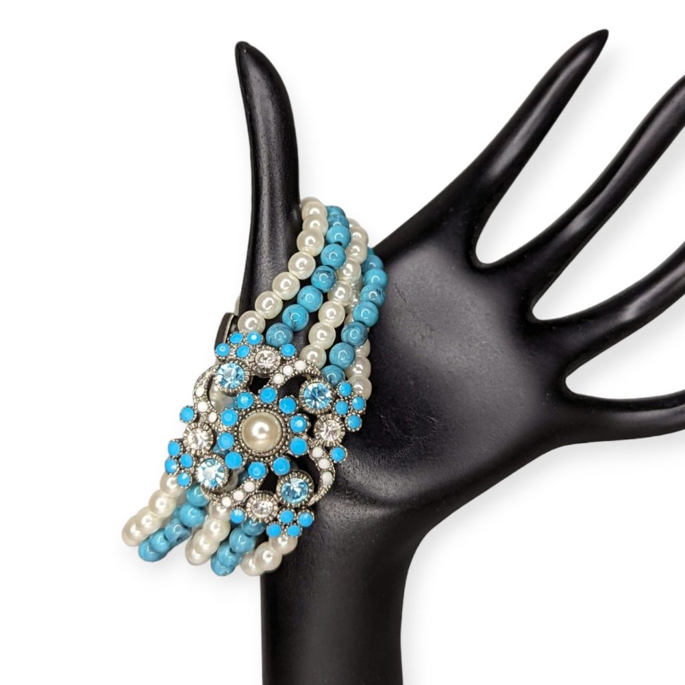 Turquoise Color Beads and Pearl Bracelet w/ Medallion